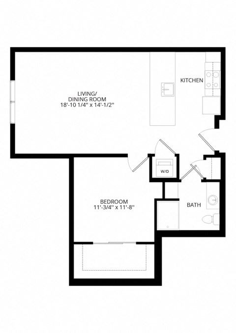 Floor plan for 1 bed, 1 bath, 748 sqft